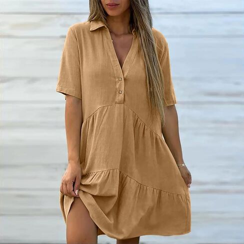 Womens Button Down Dresses Linen V-Neck Collared Mini Dress Summer Casual Short Sleeve Tiered Flowy Sundresses in Saudi Arabia