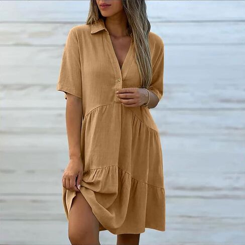 Womens Button Down Dresses Linen V-Neck Collared Mini Dress Summer Casual Short Sleeve Tiered Flowy Sundresses in Saudi Arabia