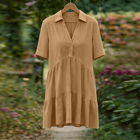 Womens Button Down Dresses Linen V-Neck Collared Mini Dress Summer Casual Short Sleeve Tiered Flowy Sundresses in Saudi Arabia