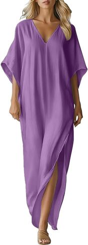Womens Boho Maxi Dresses Cotton Linen Half Sleeves V-Neck Long Dress Summer Casual Loose Flowy Swing Sundress in Saudi Arabia