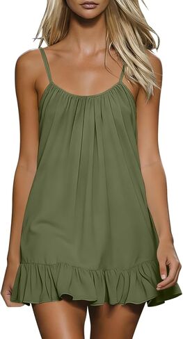 Summer Mini Dress for Women Cotton Linen Spaghetti Strap Ruffle Hem Dresses Backless Sleeveless Beach Sundresses in Saudi Arabia