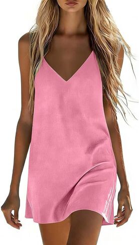 Summer Sundresses for Women Cotton Linen Spaghetti Strap V-Neck Dresses Casual Loose Party Beach Dresses in Saudi Arabia