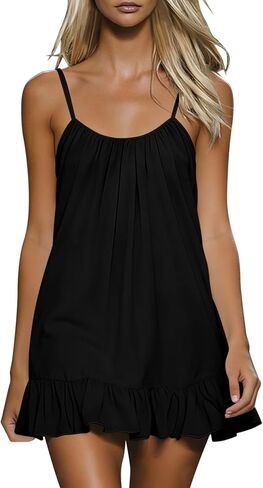 Summer Mini Dress for Women Cotton Linen Spaghetti Strap Ruffle Hem Dresses Backless Sleeveless Beach Sundresses in Saudi Arabia