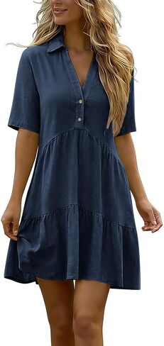 Womens Button Down Dresses Linen V-Neck Collared Mini Dress Summer Casual Short Sleeve Tiered Flowy Sundresses in Saudi Arabia