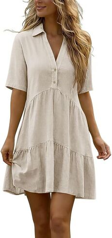 Womens Button Down Dresses Linen V-Neck Collared Mini Dress Summer Casual Short Sleeve Tiered Flowy Sundresses in Saudi Arabia