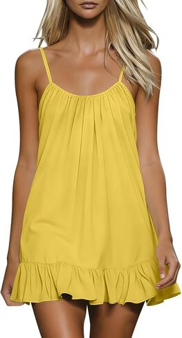 Summer Mini Dress for Women Cotton Linen Spaghetti Strap Ruffle Hem Dresses Backless Sleeveless Beach Sundresses in Saudi Arabia