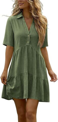 Womens Button Down Dresses Linen V-Neck Collared Mini Dress Summer Casual Short Sleeve Tiered Flowy Sundresses in Saudi Arabia