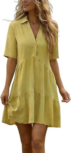 Womens Button Down Dresses Linen V-Neck Collared Mini Dress Summer Casual Short Sleeve Tiered Flowy Sundresses in Saudi Arabia
