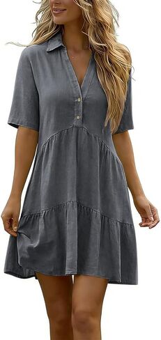 Womens Button Down Dresses Linen V-Neck Collared Mini Dress Summer Casual Short Sleeve Tiered Flowy Sundresses in Saudi Arabia