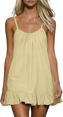 Summer Mini Dress for Women Cotton Linen Spaghetti Strap Ruffle Hem Dresses Backless Sleeveless Beach Sundresses in Saudi Arabia