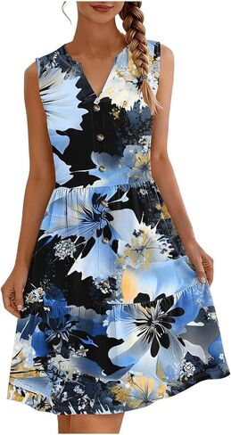Button Down Tank Dress for Women Sleeveless Smocked Tiered Printed V-Neck Sundresses Casual Summer Trendy Outfit in Saudi Arabia