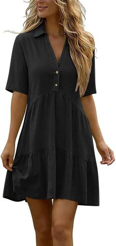 Womens Button Down Dresses Linen V-Neck Collared Mini Dress Summer Casual Short Sleeve Tiered Flowy Sundresses in Saudi Arabia