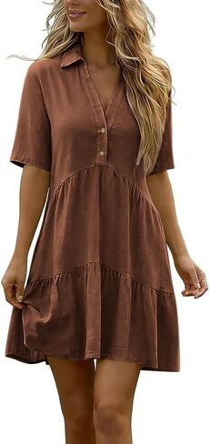 Womens Button Down Dresses Linen V-Neck Collared Mini Dress Summer Casual Short Sleeve Tiered Flowy Sundresses in Saudi Arabia