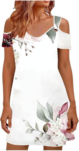 Sun Dresses for Women 2026 Vacation Cold Shoulder Scoop Neck Dress Printed Boho Flowy Summer Beach Mini Dresses in Saudi Arabia