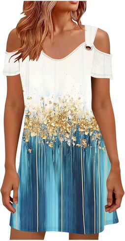 Sun Dresses for Women 2026 Vacation Cold Shoulder Scoop Neck Dress Printed Boho Flowy Summer Beach Mini Dresses in Saudi Arabia