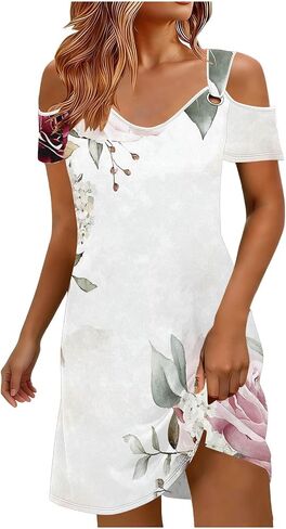 Sun Dresses for Women 2026 Vacation Cold Shoulder Scoop Neck Dress Printed Boho Flowy Summer Beach Mini Dresses in Saudi Arabia