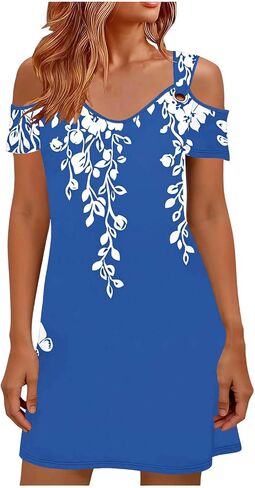Sun Dresses for Women 2026 Vacation Cold Shoulder Scoop Neck Dress Printed Boho Flowy Summer Beach Mini Dresses in Saudi Arabia