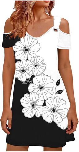 Sun Dresses for Women 2026 Vacation Cold Shoulder Scoop Neck Dress Printed Boho Flowy Summer Beach Mini Dresses in Saudi Arabia