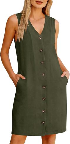 Womens Summer Tank Dresses Button Down V-Neck Sundresses with Pocket Sleeveless Solid Color Beach Vacation Dress in Saudi Arabia