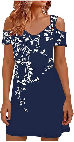 Sun Dresses for Women 2026 Vacation Cold Shoulder Scoop Neck Dress Printed Boho Flowy Summer Beach Mini Dresses in Saudi Arabia