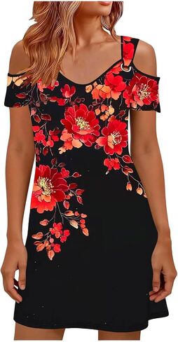 Sun Dresses for Women 2026 Vacation Cold Shoulder Scoop Neck Dress Printed Boho Flowy Summer Beach Mini Dresses in Saudi Arabia