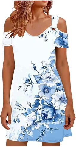 Sun Dresses for Women 2026 Vacation Cold Shoulder Scoop Neck Dress Printed Boho Flowy Summer Beach Mini Dresses in Saudi Arabia
