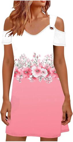 Sun Dresses for Women 2026 Vacation Cold Shoulder Scoop Neck Dress Printed Boho Flowy Summer Beach Mini Dresses in Saudi Arabia
