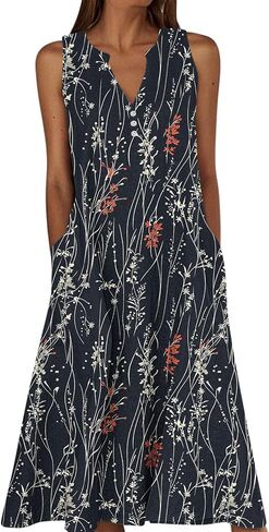 Summer Dresses for Women 2026 Button Down Sleeveless Tank Dress v-Neck Floral Printed Casual Flowy Beach Outfits in Saudi Arabia