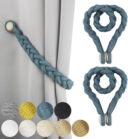 2 Pack Magnetic Soft Curtain Tiebacks Cotton Hand-Woven Tieback Holdback Home Decorative Tie Backs with Wooden Buckle for Home Office Decor (Blue, 2) in Saudi Arabia