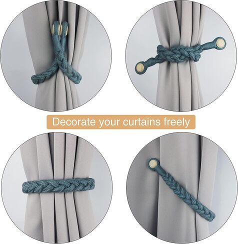 2 Pack Magnetic Soft Curtain Tiebacks Cotton Hand-Woven Tieback Holdback Home Decorative Tie Backs with Wooden Buckle for Home Office Decor (Blue, 2) in Saudi Arabia