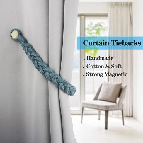 2 Pack Magnetic Soft Curtain Tiebacks Cotton Hand-Woven Tieback Holdback Home Decorative Tie Backs with Wooden Buckle for Home Office Decor (Blue, 2) in Saudi Arabia