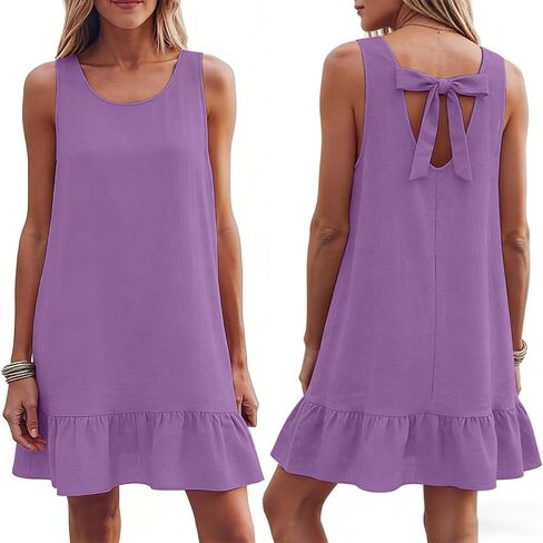 Summer Tank Dress for Women Cotton Crewneck Sundresses Bow Tie Open Back Sleeveless Dresses Beach Boho Sundress in Saudi Arabia