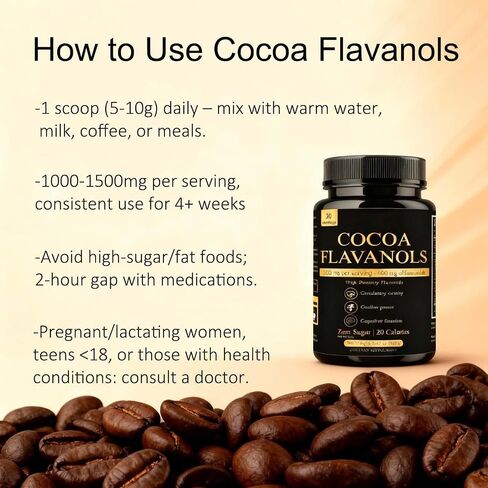 High Flavanol Cocoa Powder Supplement with 1200mg Flavanols & Flavonoids (600mg Epicatechin) for Heart Health, Nitric Oxide Support & Energy, 10X More Flavanols Than Regular Cocoa Powder (01) in Saudi Arabia