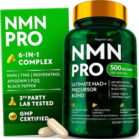 مكمل NMN 500 ملغ - مكمل NAD مع ريسفيراترول، TMG، أبيجينين، PQQ، ومستخلص الفلفل الأسود - مركب حبوب نباتية مقاومة للأحماض 6 في 1، بديل NMNH، تم اختباره من قبل طرف ثالث، 30 وجبة in Kuwait