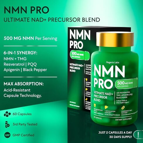 مكمل NMN 500 ملغ - مكمل NAD مع ريسفيراترول، TMG، أبيجينين، PQQ، ومستخلص الفلفل الأسود - مركب حبوب نباتية مقاومة للأحماض 6 في 1، بديل NMNH، تم اختباره من قبل طرف ثالث، 30 وجبة in Kuwait