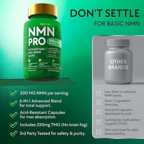 مكمل NMN 500 ملغ - مكمل NAD مع ريسفيراترول، TMG، أبيجينين، PQQ، ومستخلص الفلفل الأسود - مركب حبوب نباتية مقاومة للأحماض 6 في 1، بديل NMNH، تم اختباره من قبل طرف ثالث، 30 وجبة in Kuwait