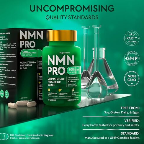 مكمل NMN 500 ملغ - مكمل NAD مع ريسفيراترول، TMG، أبيجينين، PQQ، ومستخلص الفلفل الأسود - مركب حبوب نباتية مقاومة للأحماض 6 في 1، بديل NMNH، تم اختباره من قبل طرف ثالث، 30 وجبة in Kuwait