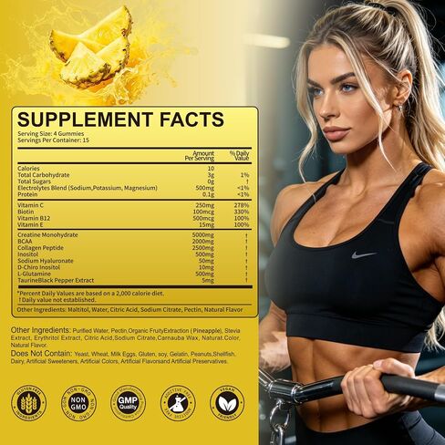 Women's Creatine & Collagen Gummies,Creatine Monohydrate Gummies with Collagen,Vitamin D3 & Calcium for Muscles & Booty & Energy, Sugar Free,Pineapple Flavor in Saudi Arabia