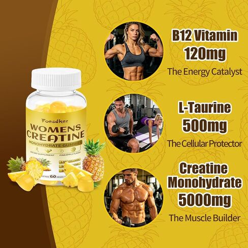 Women's Creatine & Collagen Gummies,Creatine Monohydrate Gummies with Collagen,Vitamin D3 & Calcium for Muscles & Booty & Energy, Sugar Free,Pineapple Flavor in Saudi Arabia