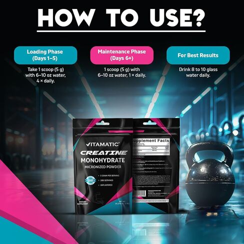 Vitamatic Creatine Monohydrate Powder – 5000 mg Per Serving, 1 kg, Unflavored, Micronized Creatine Supplement, Vegan, Non-GMO, Gluten Free in Saudi Arabia