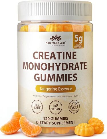 NaturaLife Labs Creatine Monohydrate Gummies - 5g per Serving - Tangerine Flavor - 120 Gummies - Gluten-Free, Non-GMO, Vegan, Sugar Free in Kuwait