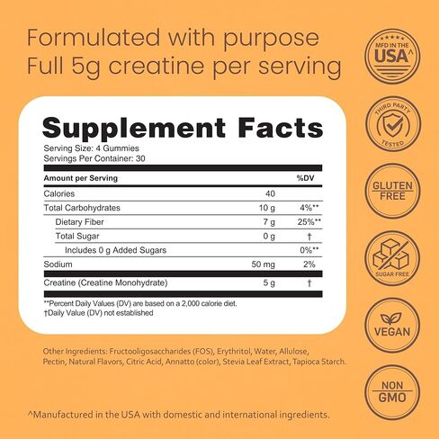 NaturaLife Labs Creatine Monohydrate Gummies - 5g per Serving - Tangerine Flavor - 120 Gummies - Gluten-Free, Non-GMO, Vegan, Sugar Free in Kuwait