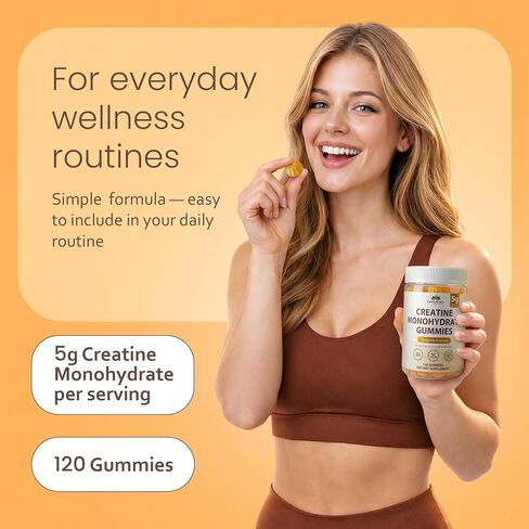 NaturaLife Labs Creatine Monohydrate Gummies - 5g per Serving - Tangerine Flavor - 120 Gummies - Gluten-Free, Non-GMO, Vegan, Sugar Free in Kuwait