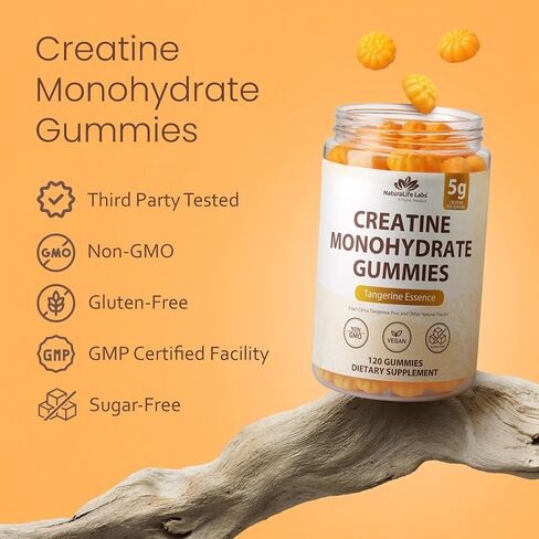 NaturaLife Labs Creatine Monohydrate Gummies - 5g per Serving - Tangerine Flavor - 120 Gummies - Gluten-Free, Non-GMO, Vegan, Sugar Free in Kuwait