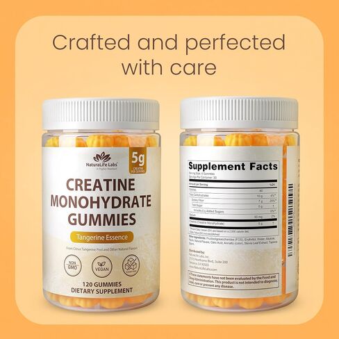 NaturaLife Labs Creatine Monohydrate Gummies - 5g per Serving - Tangerine Flavor - 120 Gummies - Gluten-Free, Non-GMO, Vegan, Sugar Free in Kuwait
