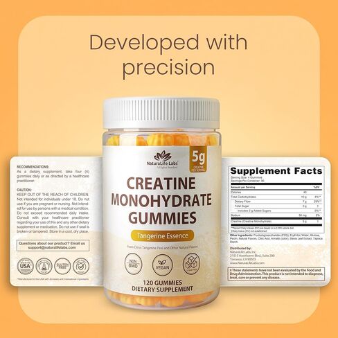 NaturaLife Labs Creatine Monohydrate Gummies - 5g per Serving - Tangerine Flavor - 120 Gummies - Gluten-Free, Non-GMO, Vegan, Sugar Free in Kuwait