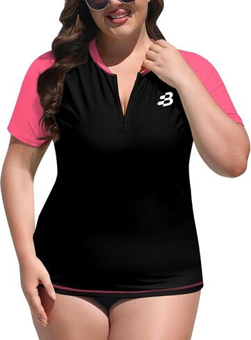 BesserBay قميص سباحة نسائي مقاس كبير من Rash Guard UPF 50+ بأكمام قصيرة مع سحاب 1X-4X in Kuwait