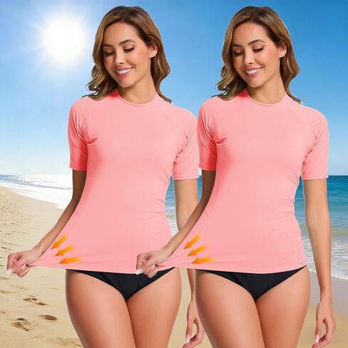 قميص سباحة نسائي بعامل حماية من أشعة الشمس 50+ Rash Guard للحماية من الشمس، ملابس سباحة سريعة الجفاف وخفيفة الوزن وأكمام قصيرة in Kuwait