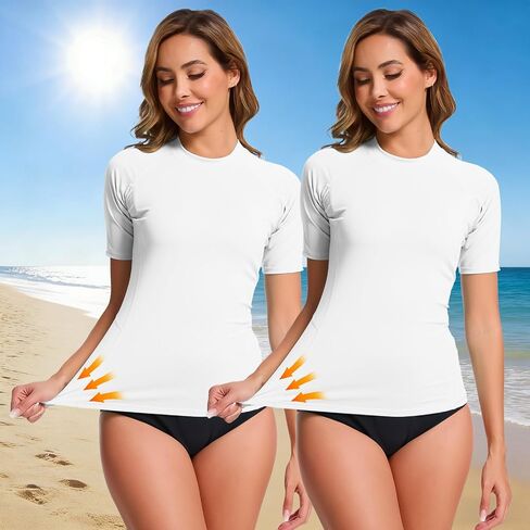 قميص سباحة نسائي بعامل حماية من أشعة الشمس 50+ Rash Guard للحماية من الشمس، ملابس سباحة سريعة الجفاف وخفيفة الوزن وأكمام قصيرة in Kuwait