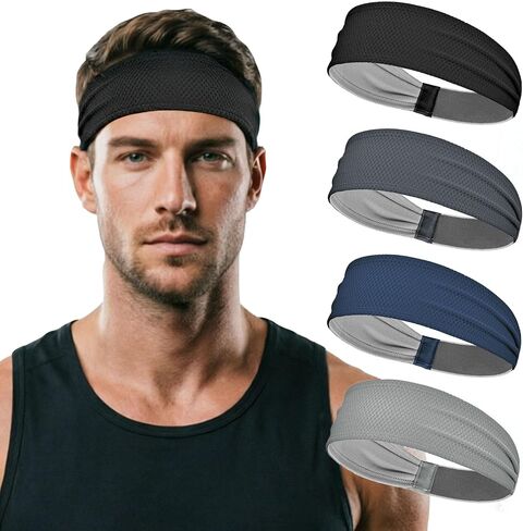 Sports Headbands for Men 4 Pack, Moisture Wicking Sweatbands for Men, Non Slip Running Headband, Elastic Breathable Sweat Bands for Running, Tennis, Football, Baseball, Soccer, Gym, Cycling, Workout in Saudi Arabia